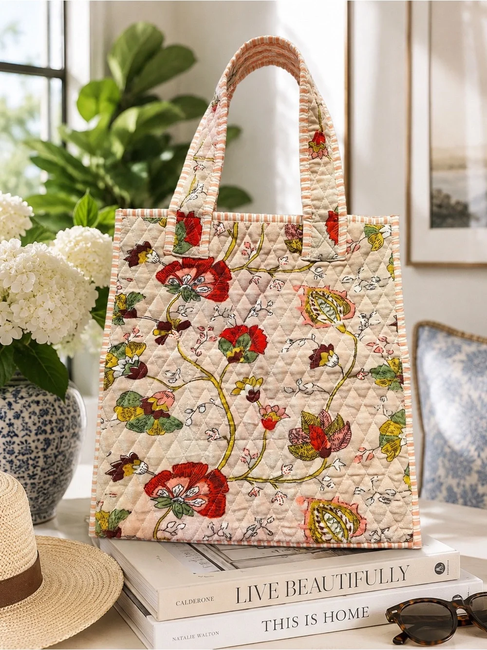 POL Quilted Floral Cotton Tote Bag Boho Botanical Print One Size NIB